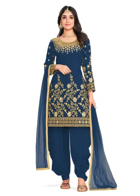 Punjabi Style Blue Silk Mirror Work Patiala Suit