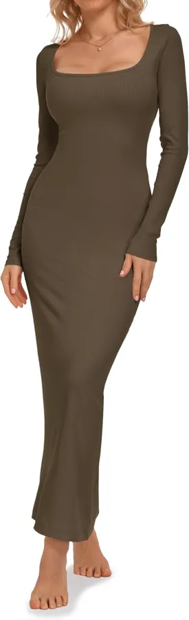 Relety Women's Bodycon Maxi Dresses Ribbed Long Sleeve Lounge Long Dress Square Neck Formal Casual Dresses for Women