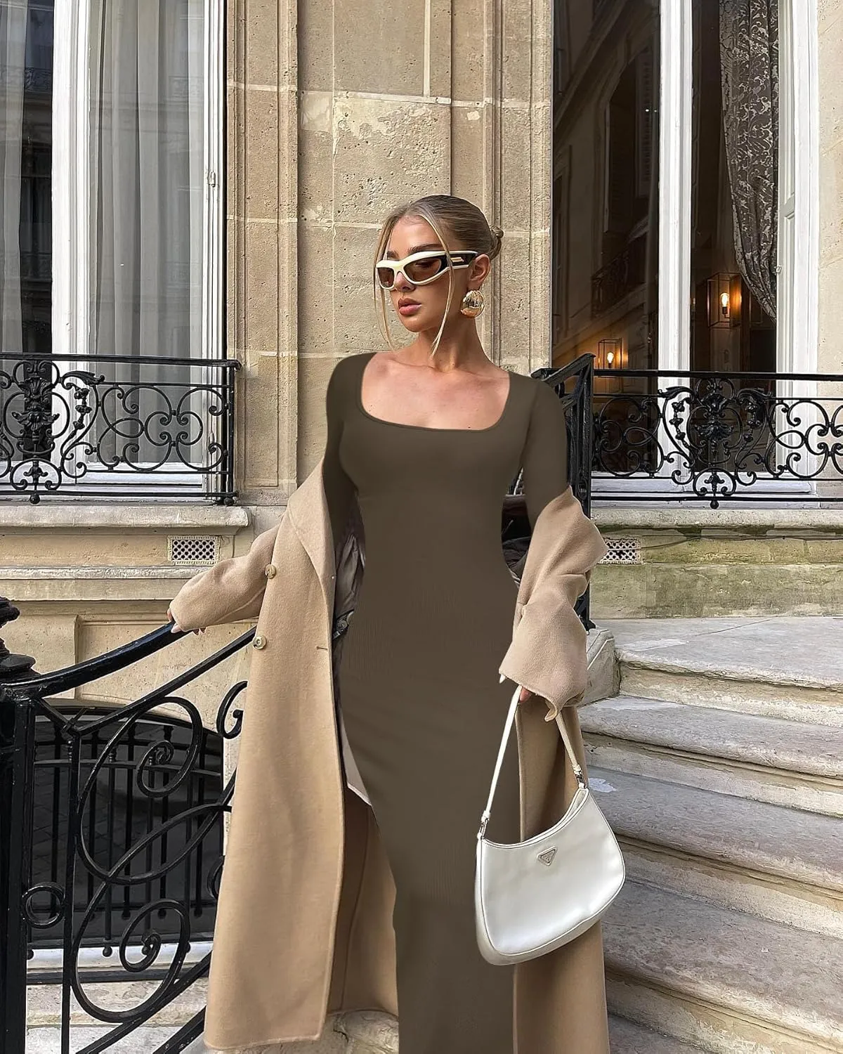 Relety Women's Bodycon Maxi Dresses Ribbed Long Sleeve Lounge Long Dress Square Neck Formal Casual Dresses for Women