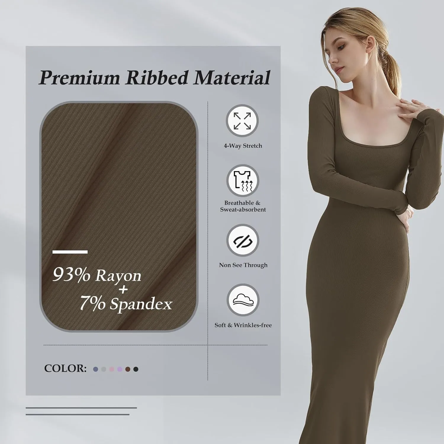 Relety Women's Bodycon Maxi Dresses Ribbed Long Sleeve Lounge Long Dress Square Neck Formal Casual Dresses for Women