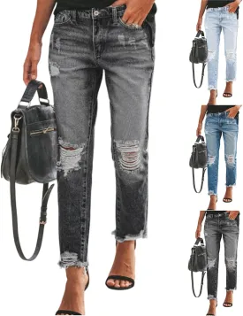 Ripped Straight Leg Jeans for Women Mid Rise Ladies Relaxed Fit Distressed Jeans Ankle Pants with Pocketgs