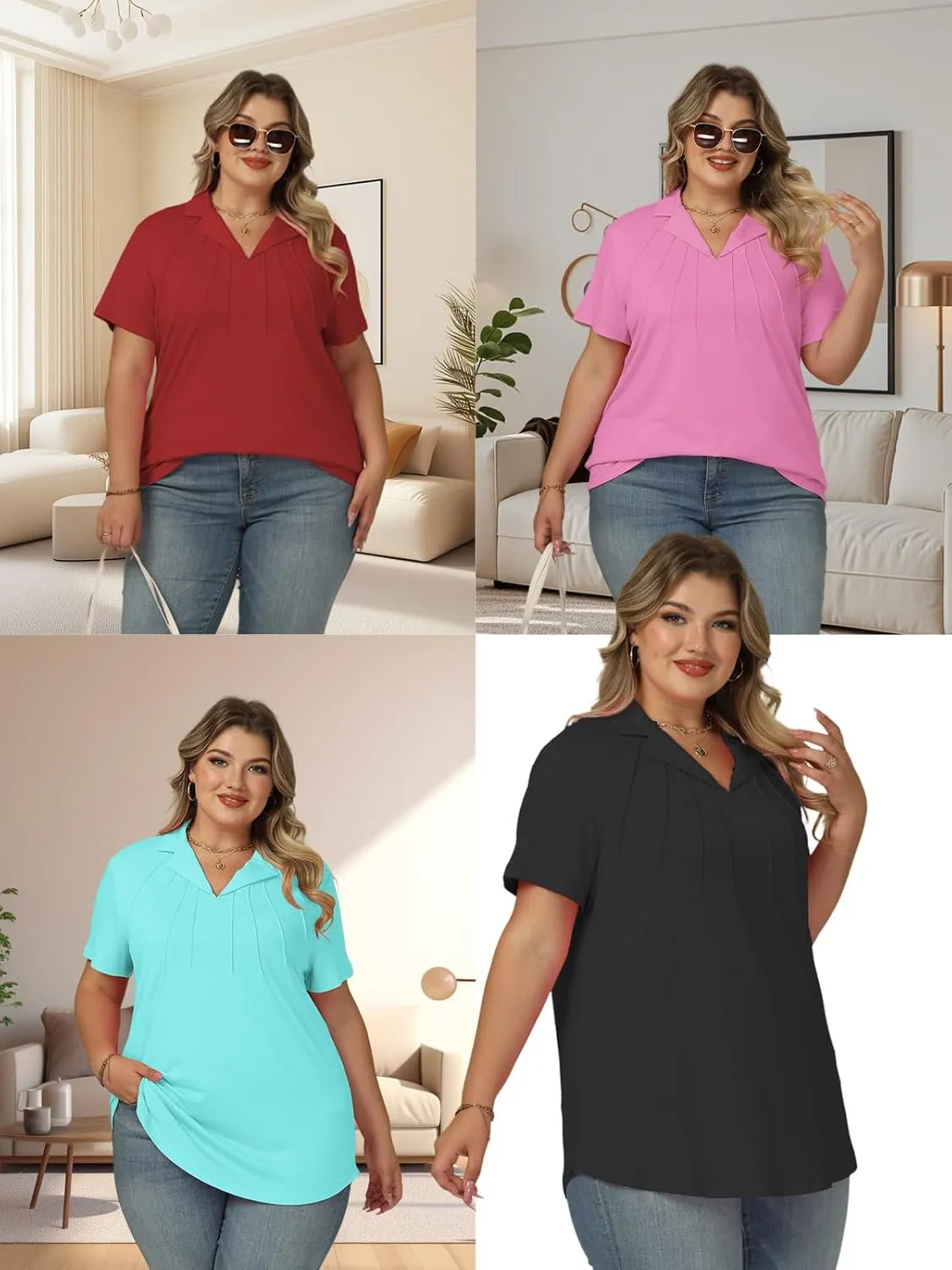 ROSRISS Plus-Size Polo Shirts for Women Summer Casual V Neck Pleated Tops Trendy Dressy Short Sleeve Collared Blouses XL-5XL