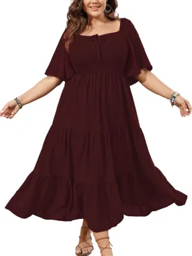 SCOMCHIC Women's Plus Size Flowy Maxi Dress Flutter Short Sleeve Boho Dress Square Neck Smocked Formal Dresses for Women