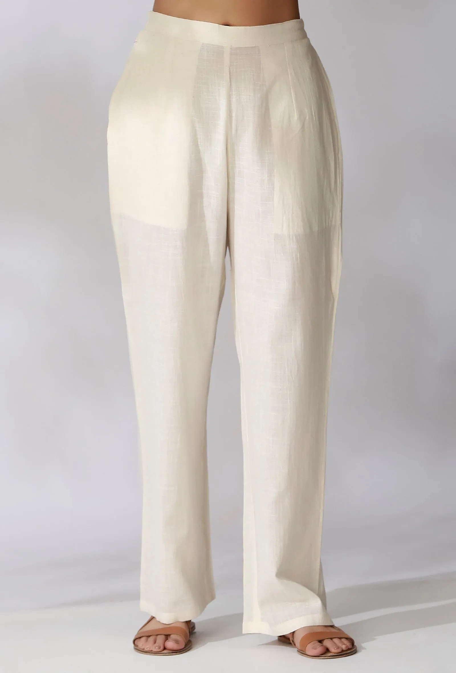 Set Of 2- Brown Ikkat Straight Kurta with White Cotton Straight Pants With Pockets