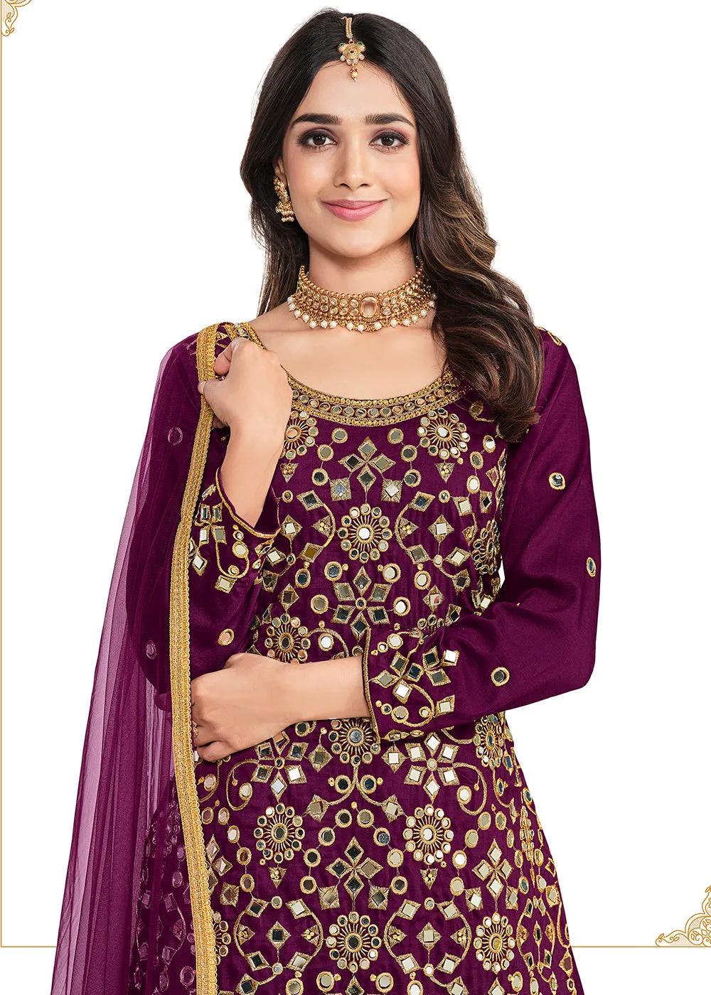 Silk Pretty Purple Mirror Work Patiala Salwar Kameez