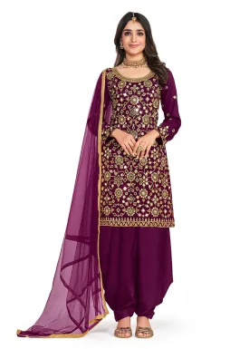 Silk Pretty Purple Mirror Work Patiala Salwar Kameez