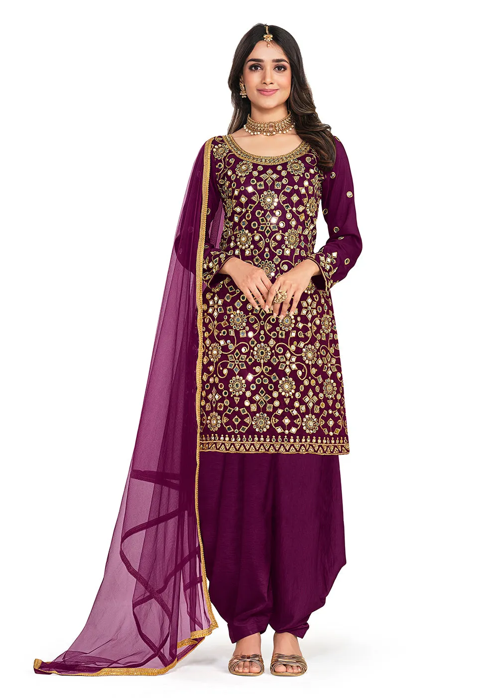 Silk Pretty Purple Mirror Work Patiala Salwar Kameez