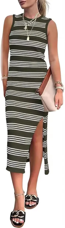 Sleeveless Striped Hollow Knit Side Slit Midi Vest Dress Women's Summer Casual Round Neck Sundresses