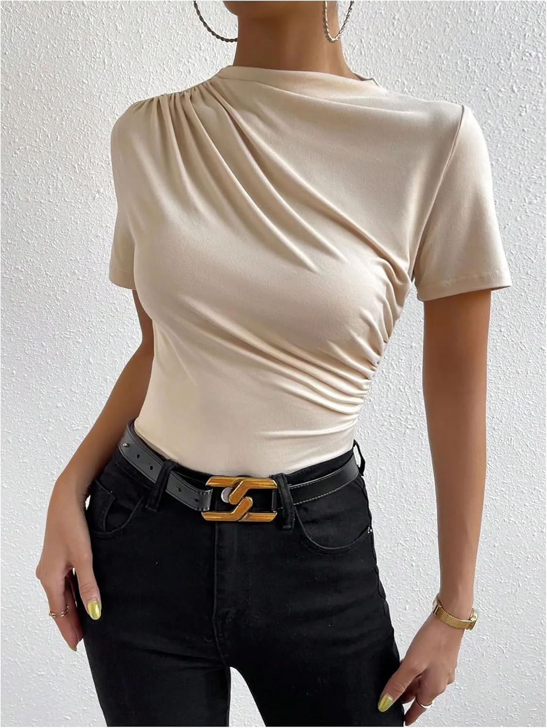 SweatyRocks Women's Ruched Mock Neck T Shirt Short Sleeve Fitted Summer Basic Tops