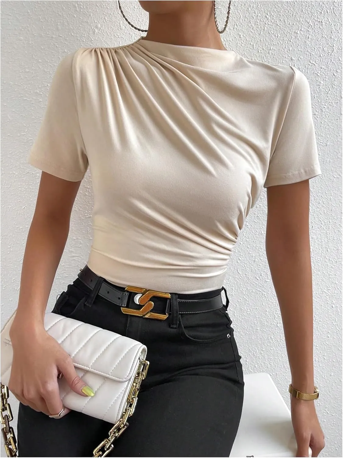 SweatyRocks Women's Ruched Mock Neck T Shirt Short Sleeve Fitted Summer Basic Tops
