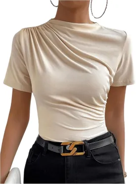 SweatyRocks Women's Ruched Mock Neck T Shirt Short Sleeve Fitted Summer Basic Tops