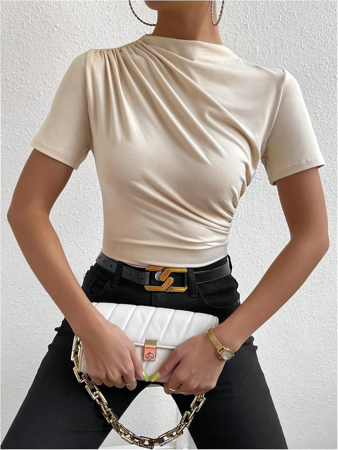 SweatyRocks Women's Ruched Mock Neck T Shirt Short Sleeve Fitted Summer Basic Tops