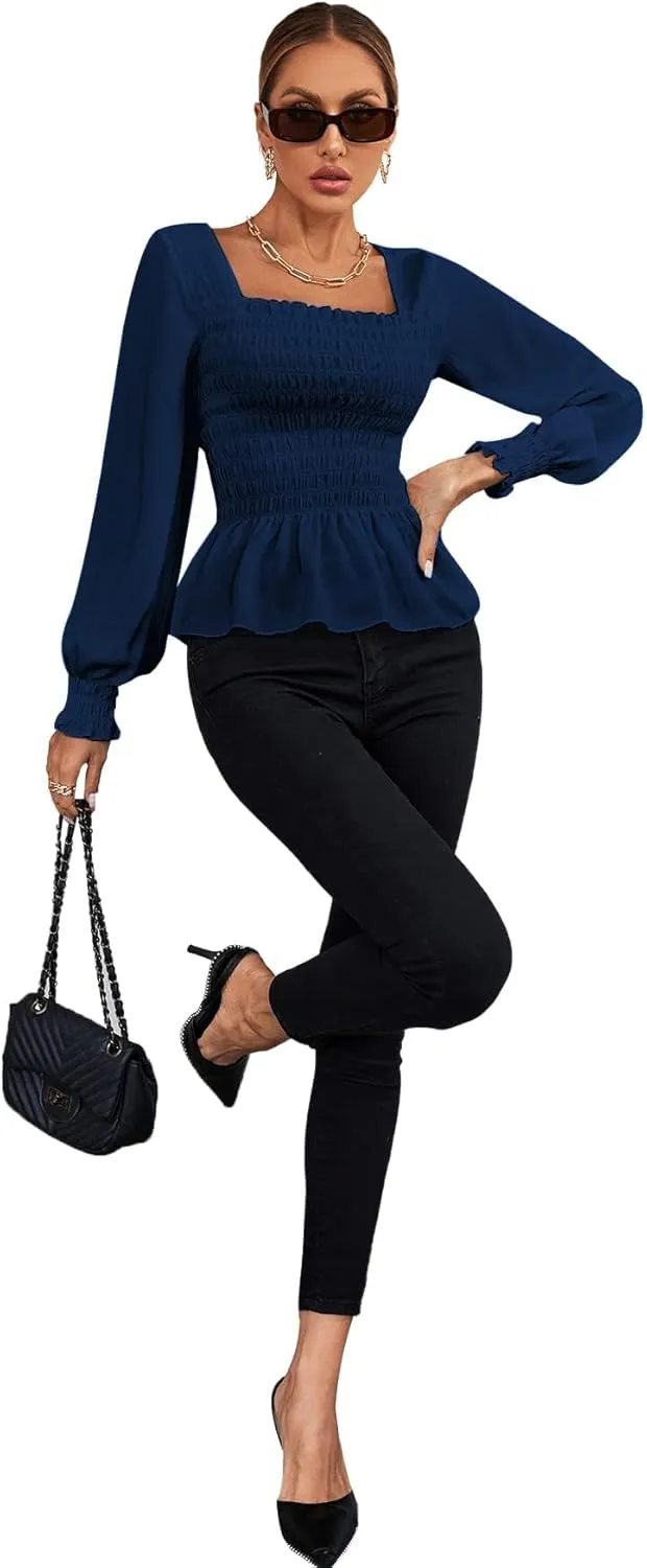Umenlele Women's Square Neck Ruffle Frill Smocked Long Sleeve Peplum Blouse Top
