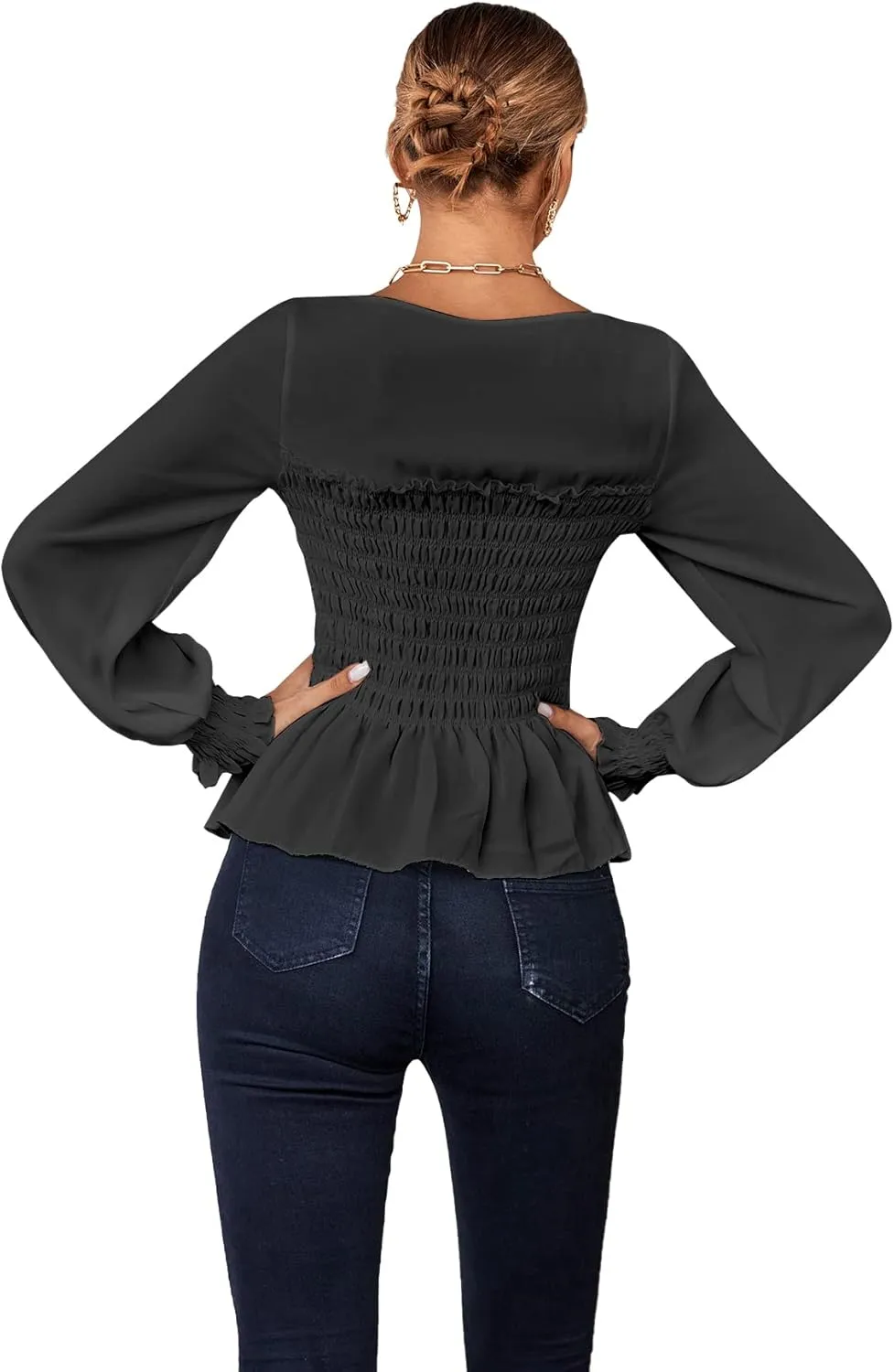 Umenlele Women's Square Neck Ruffle Frill Smocked Long Sleeve Peplum Blouse Top