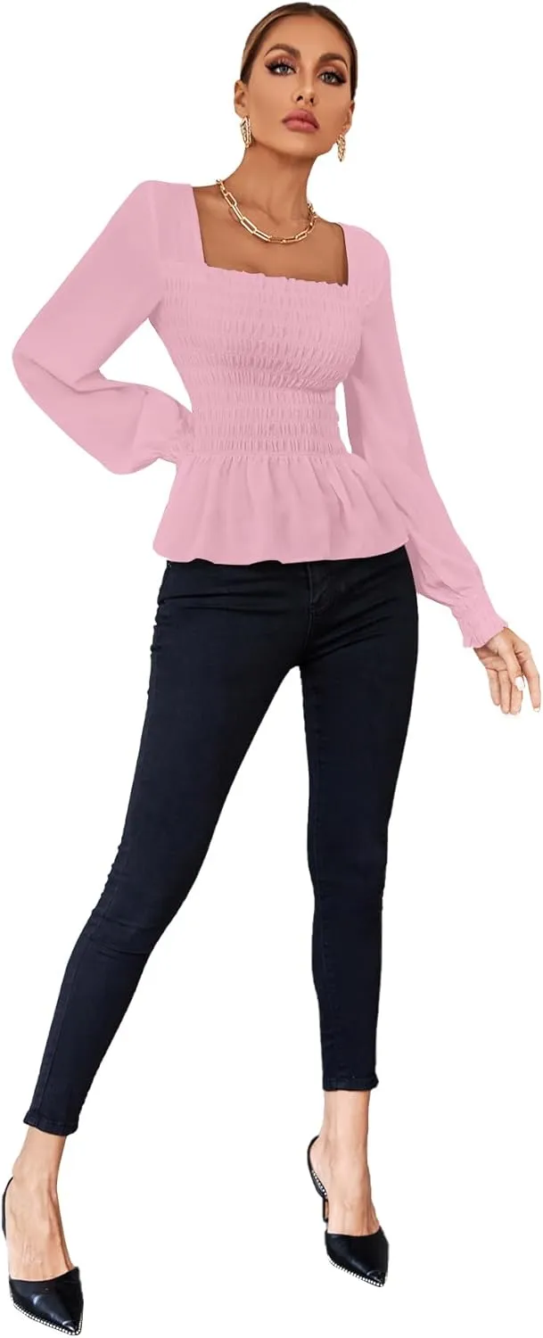 Umenlele Women's Square Neck Ruffle Frill Smocked Long Sleeve Peplum Blouse Top