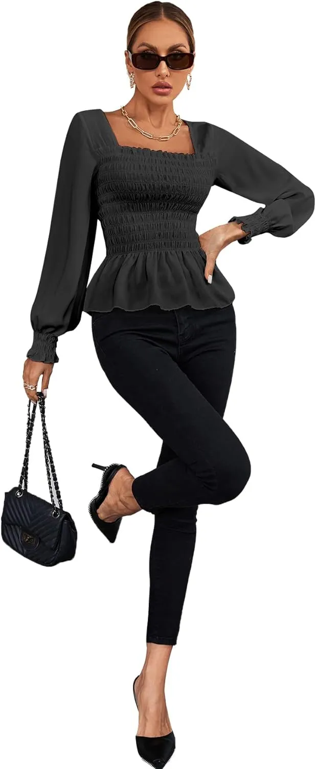 Umenlele Women's Square Neck Ruffle Frill Smocked Long Sleeve Peplum Blouse Top
