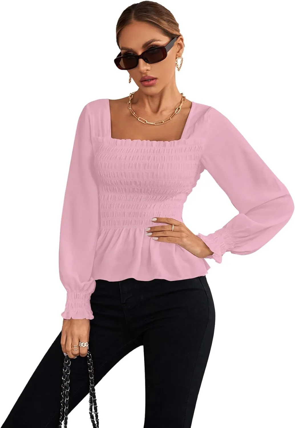Umenlele Women's Square Neck Ruffle Frill Smocked Long Sleeve Peplum Blouse Top