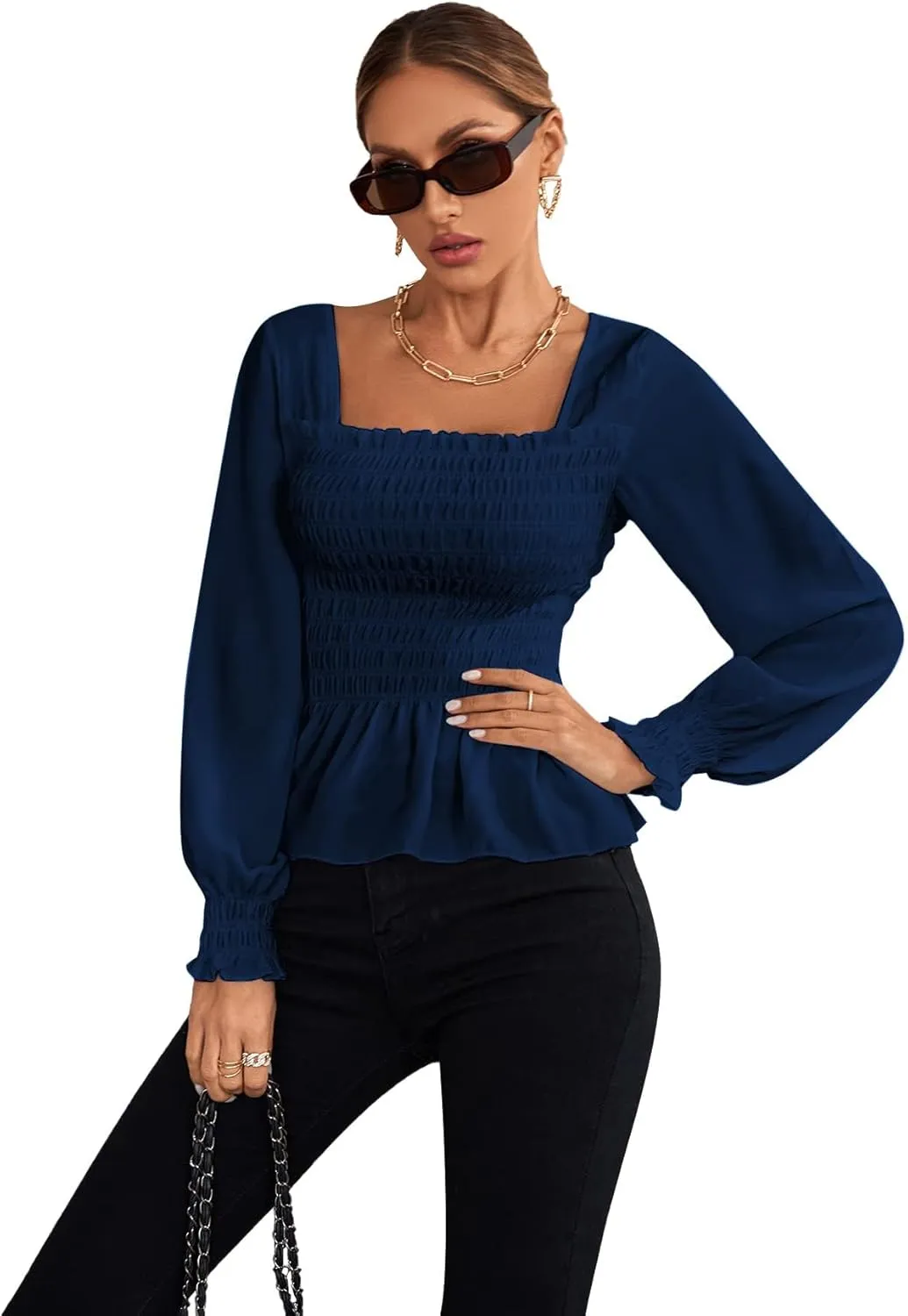 Umenlele Women's Square Neck Ruffle Frill Smocked Long Sleeve Peplum Blouse Top