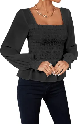Umenlele Women's Square Neck Ruffle Frill Smocked Long Sleeve Peplum Blouse Top