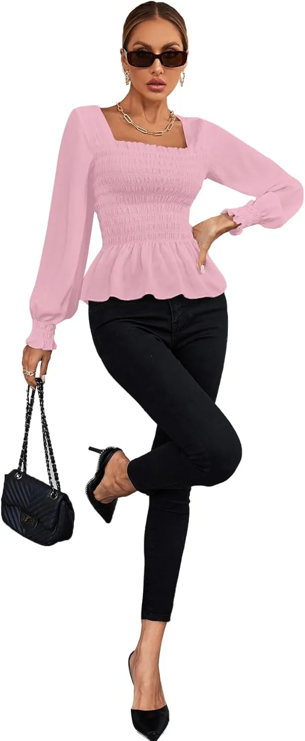 Umenlele Women's Square Neck Ruffle Frill Smocked Long Sleeve Peplum Blouse Top