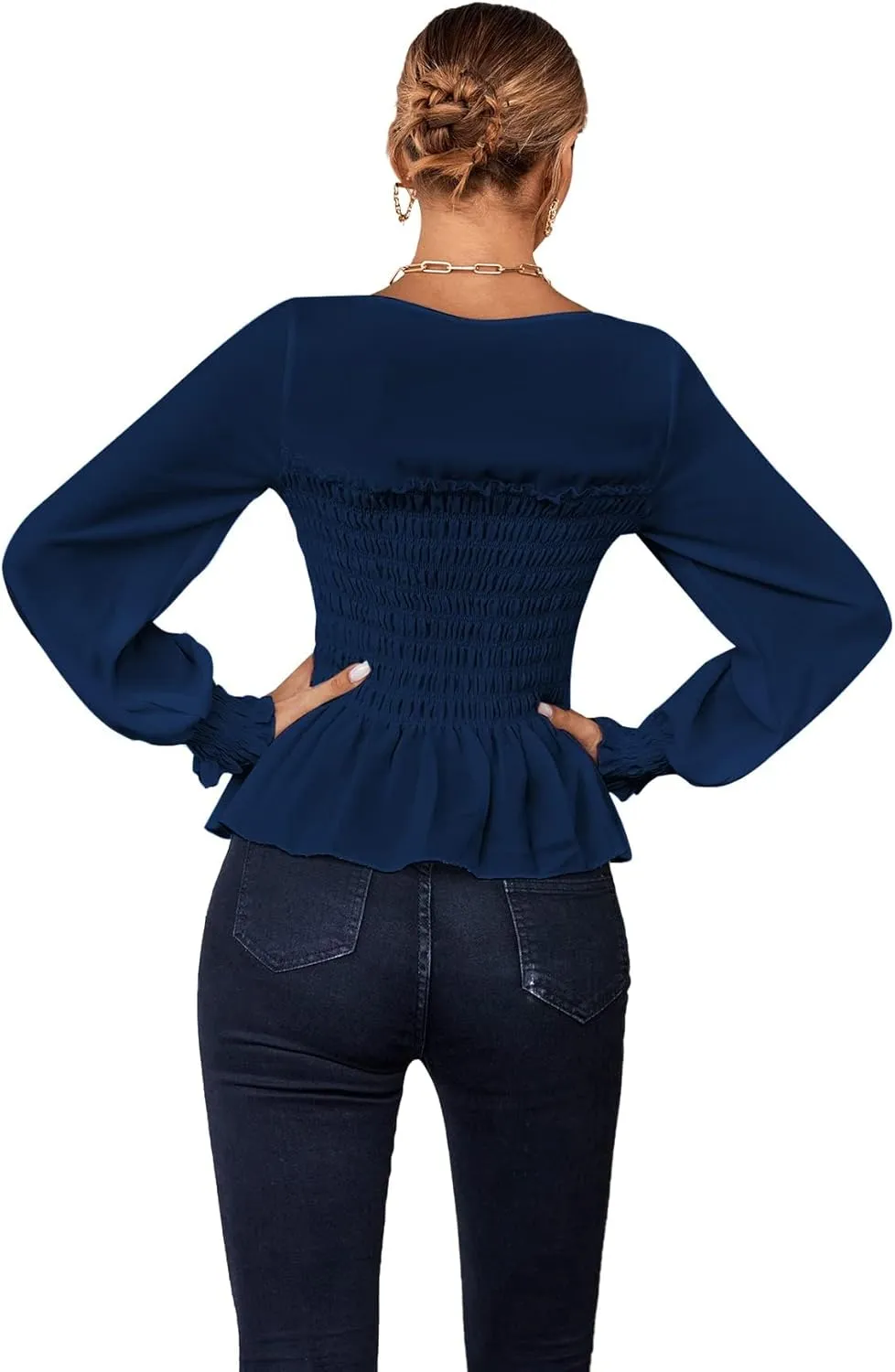 Umenlele Women's Square Neck Ruffle Frill Smocked Long Sleeve Peplum Blouse Top