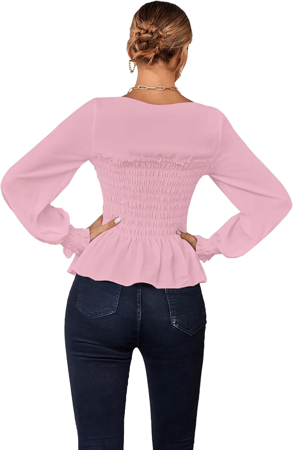 Umenlele Women's Square Neck Ruffle Frill Smocked Long Sleeve Peplum Blouse Top