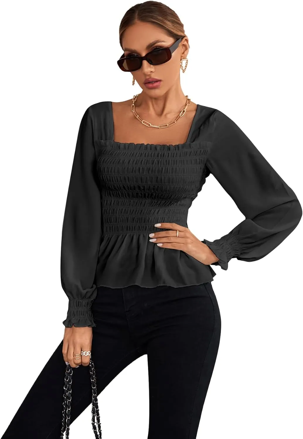 Umenlele Women's Square Neck Ruffle Frill Smocked Long Sleeve Peplum Blouse Top