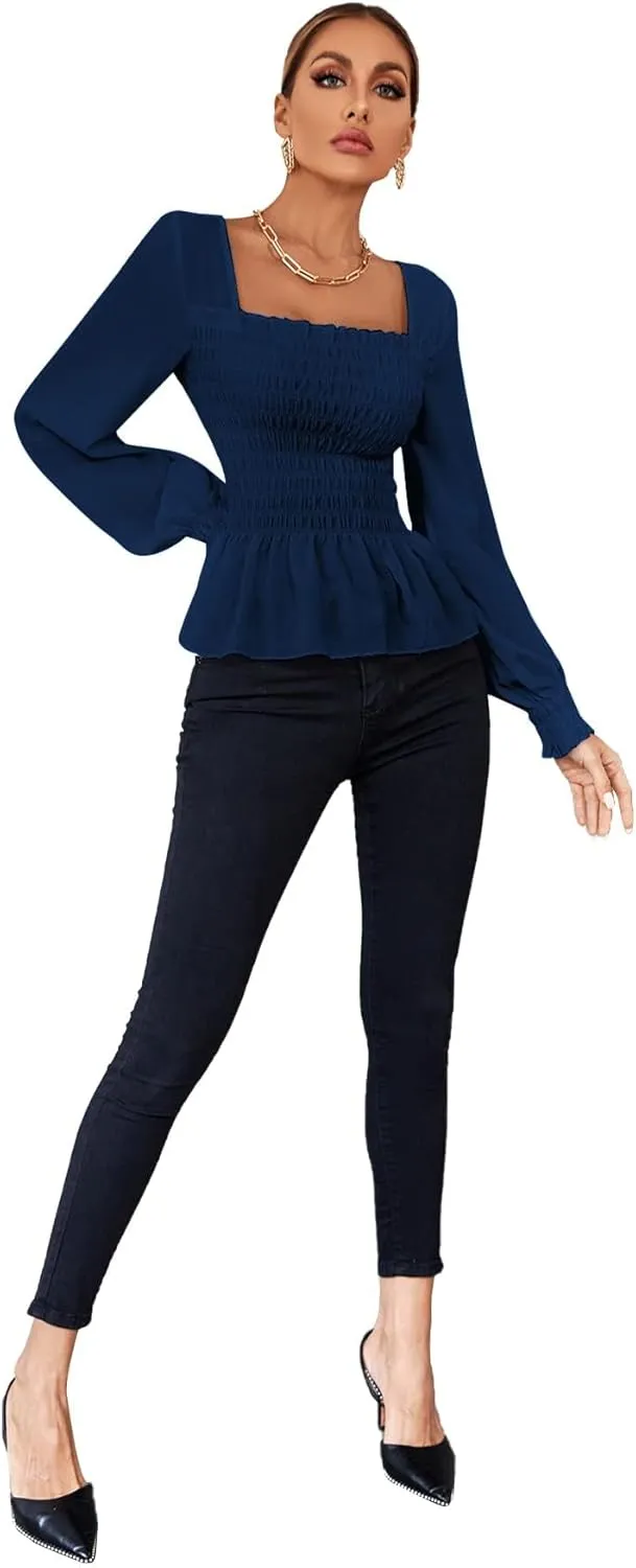 Umenlele Women's Square Neck Ruffle Frill Smocked Long Sleeve Peplum Blouse Top