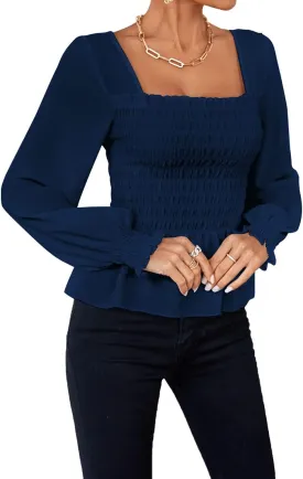 Umenlele Women's Square Neck Ruffle Frill Smocked Long Sleeve Peplum Blouse Top