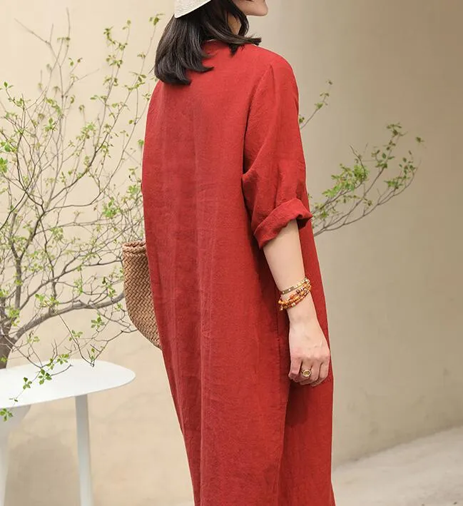 V Neck Summer Women Linen Dresses Washed Soft Linen Summer Dresses 7292