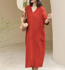V Neck Summer Women Linen Dresses Washed Soft Linen Summer Dresses 7292