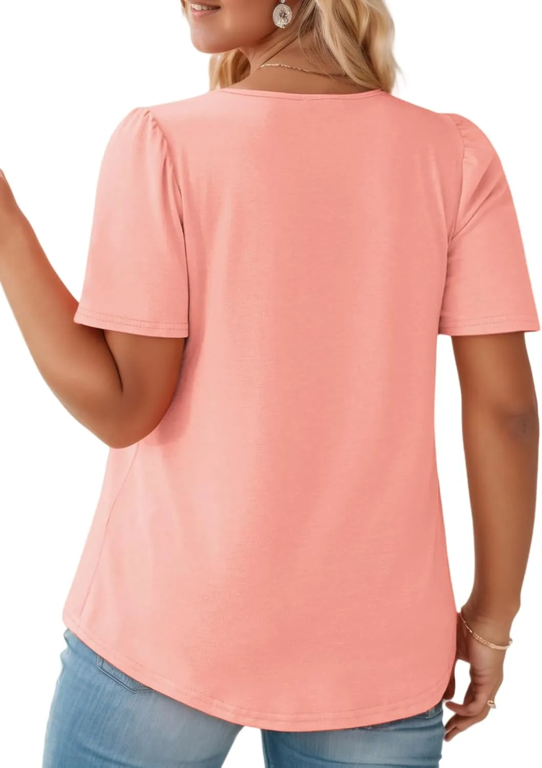 VISLILY Plus-Size-Womens-Summer-Tops Trendy Square Neck T Shirts Cute Flowy Pleated Tunics Casual Short Sleeve Blouses XL-5XL