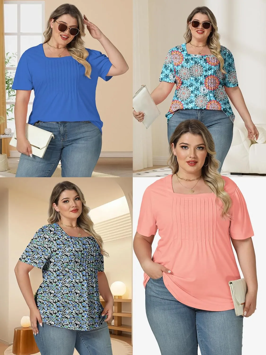 VISLILY Plus-Size-Womens-Summer-Tops Trendy Square Neck T Shirts Cute Flowy Pleated Tunics Casual Short Sleeve Blouses XL-5XL