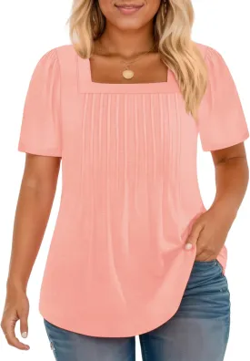 VISLILY Plus-Size-Womens-Summer-Tops Trendy Square Neck T Shirts Cute Flowy Pleated Tunics Casual Short Sleeve Blouses XL-5XL