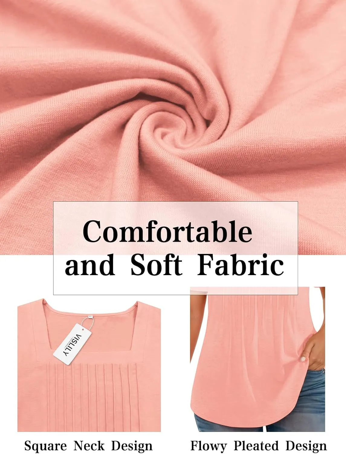 VISLILY Plus-Size-Womens-Summer-Tops Trendy Square Neck T Shirts Cute Flowy Pleated Tunics Casual Short Sleeve Blouses XL-5XL