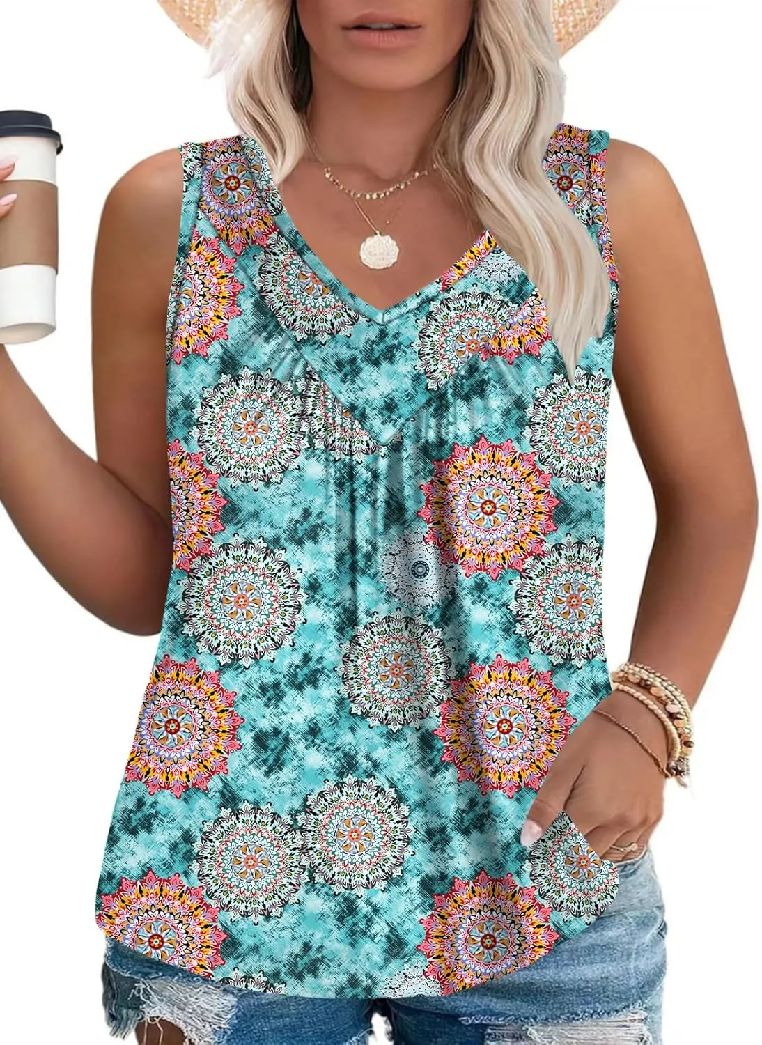 VISLILY Womens-Plus-Size-Tank-Tops 2025 Casual V Neck Sleeveless T Shirts Flowy Pleated Tunics Trendy Cute Blouses XL-5XL