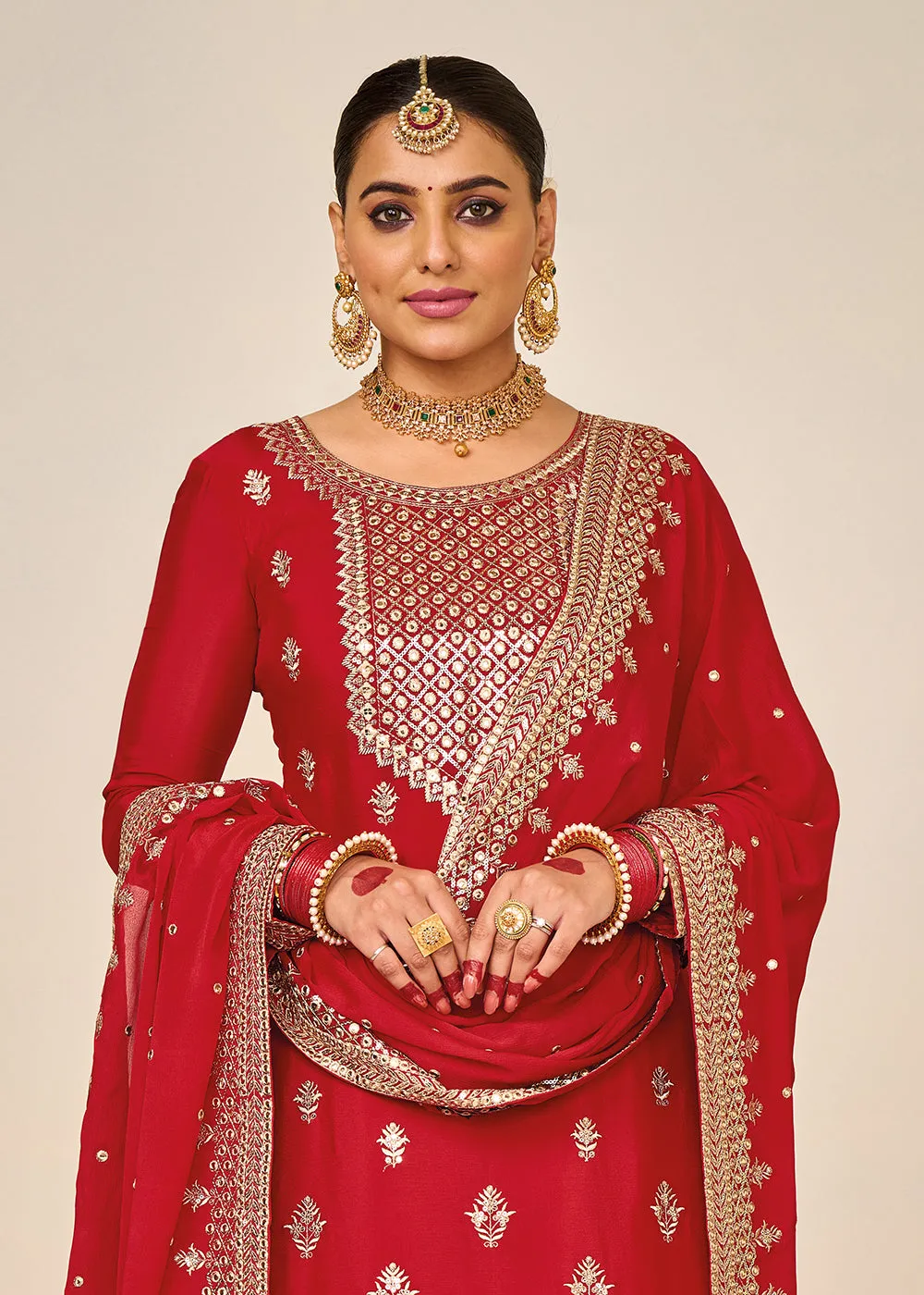 Wedding Festival Red Embroidered Palazzo Salwar Suit