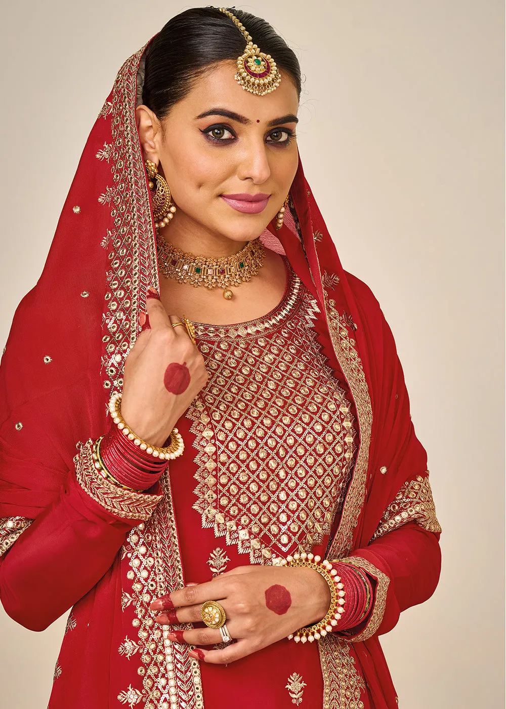 Wedding Festival Red Embroidered Palazzo Salwar Suit