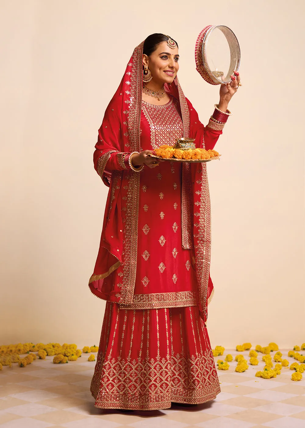Wedding Festival Red Embroidered Palazzo Salwar Suit