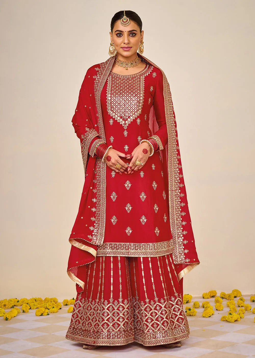 Wedding Festival Red Embroidered Palazzo Salwar Suit