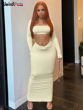 Weird Puss Autumn Women 2 Piece Set Tracksuit New Trend Long Sleeve Crop Tops Wide Waistband Maxi Skirts Casual Streetwear Suits