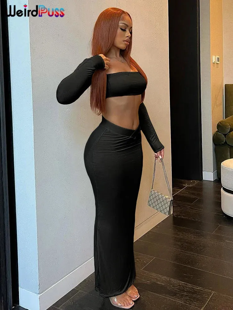 Weird Puss Autumn Women 2 Piece Set Tracksuit New Trend Long Sleeve Crop Tops Wide Waistband Maxi Skirts Casual Streetwear Suits