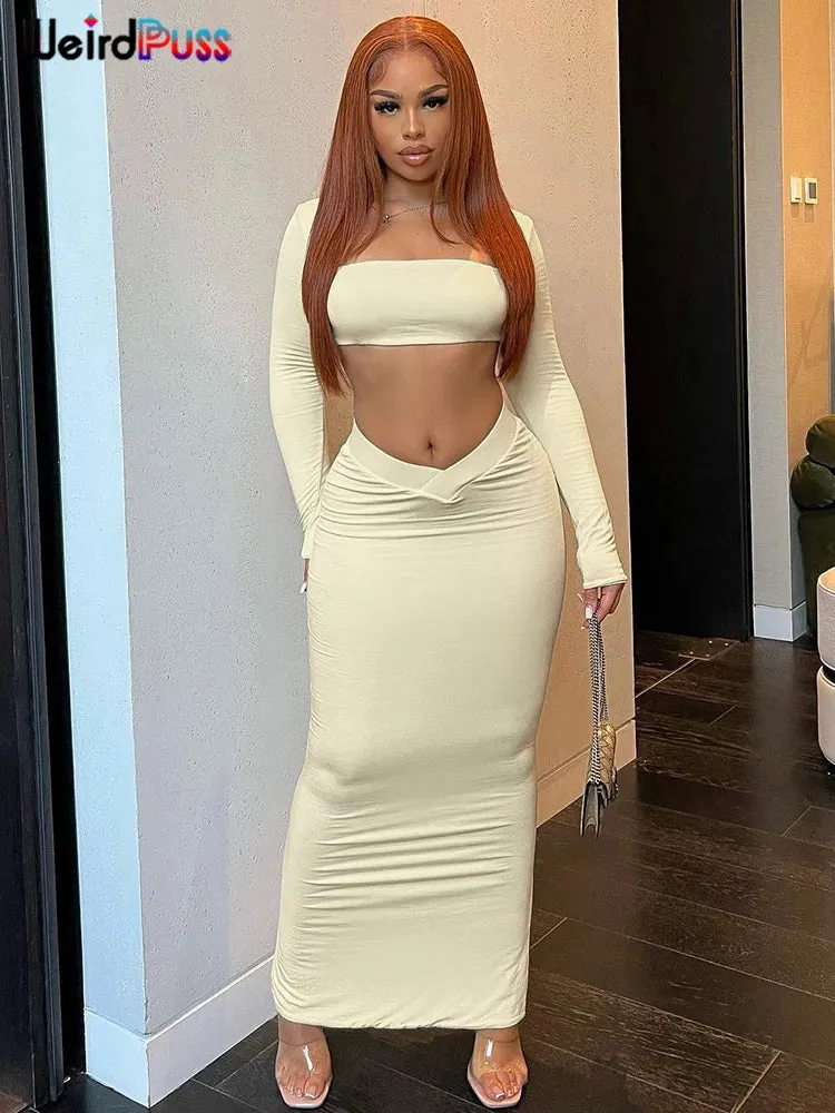Weird Puss Autumn Women 2 Piece Set Tracksuit New Trend Long Sleeve Crop Tops Wide Waistband Maxi Skirts Casual Streetwear Suits