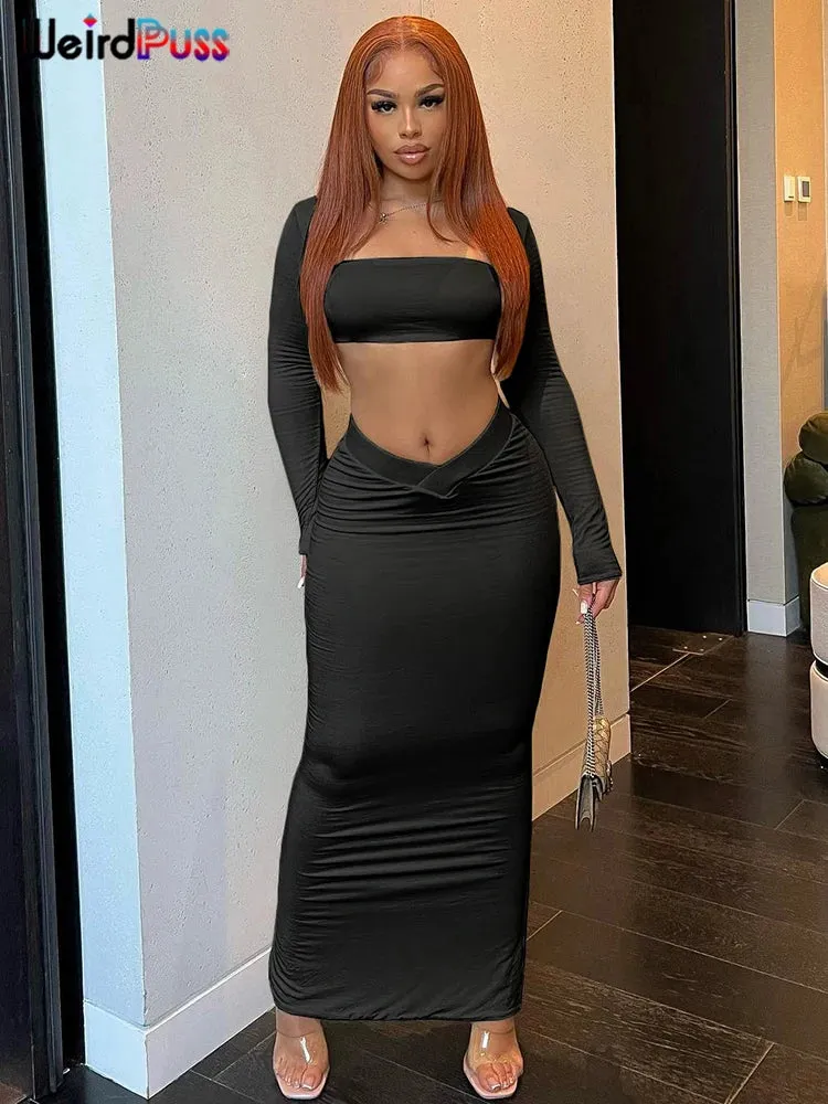 Weird Puss Autumn Women 2 Piece Set Tracksuit New Trend Long Sleeve Crop Tops Wide Waistband Maxi Skirts Casual Streetwear Suits