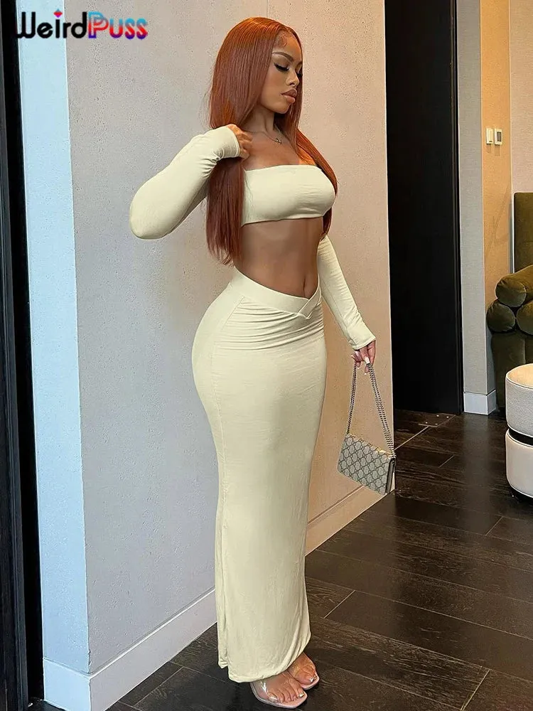 Weird Puss Autumn Women 2 Piece Set Tracksuit New Trend Long Sleeve Crop Tops Wide Waistband Maxi Skirts Casual Streetwear Suits