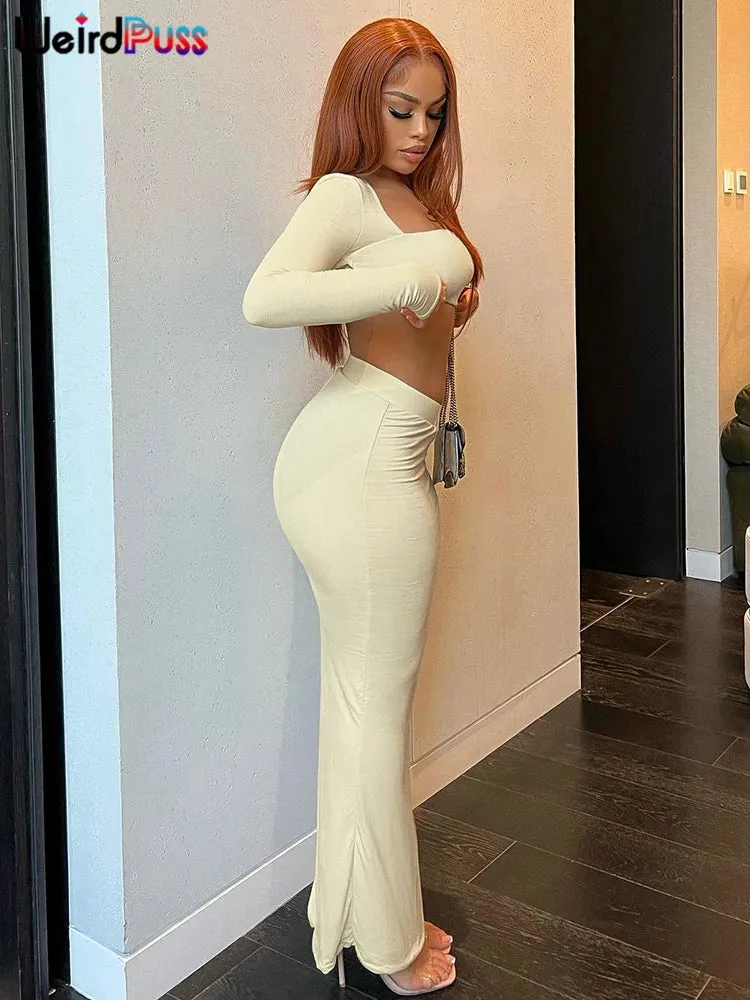 Weird Puss Autumn Women 2 Piece Set Tracksuit New Trend Long Sleeve Crop Tops Wide Waistband Maxi Skirts Casual Streetwear Suits