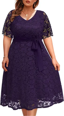 Women Plus Size Lace Bridal Shower Wedding Guest Cocktail Semi Formal V Neck Short Sleeve Midi Dresses