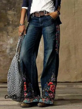 Women's Blue Floral Casual Print Pants