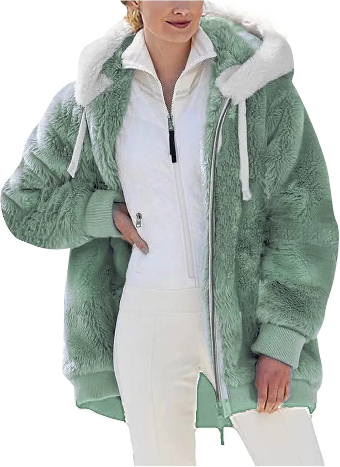 Women's Contrasting Lamb Wool Padded Coat Trendy Faux Shearling Coat Warm Hooded Zip Up Fuzzy Winter Jacket with Pockets