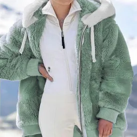 Women's Contrasting Lamb Wool Padded Coat Trendy Faux Shearling Coat Warm Hooded Zip Up Fuzzy Winter Jacket with Pockets